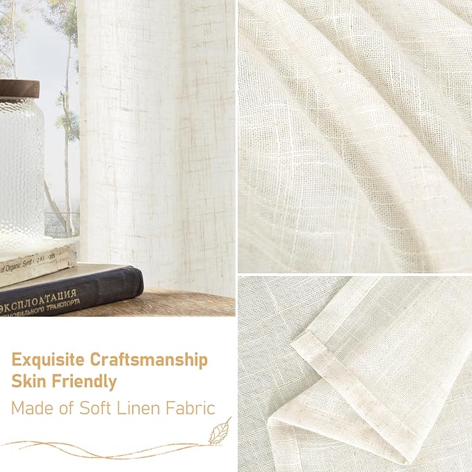 Cream Linen Sheer Curtains 54 Inch Length 2 Panels Set, Short Linen Textured - Image 7