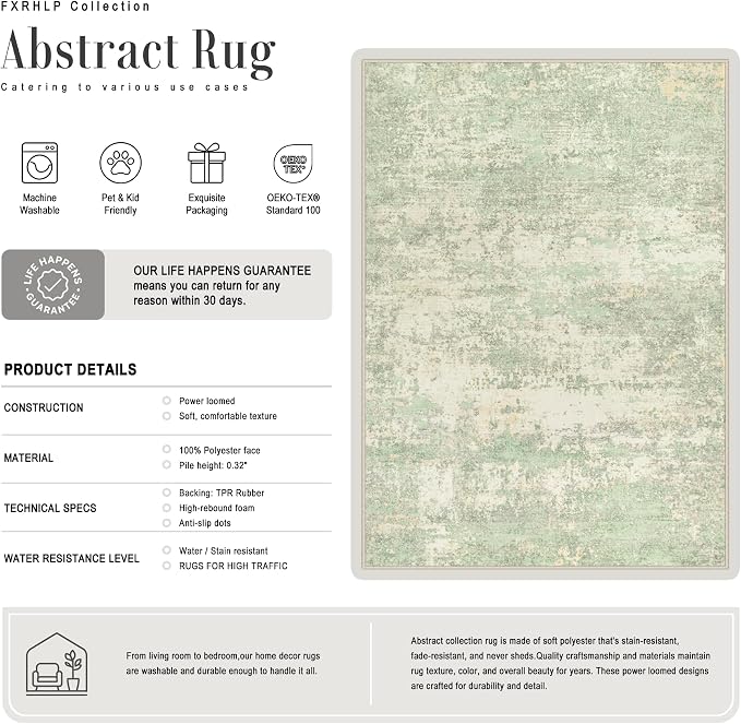 10x14 Area Rug Living Room: Modern Washable Soft Carpet Green Cream | - Image 2