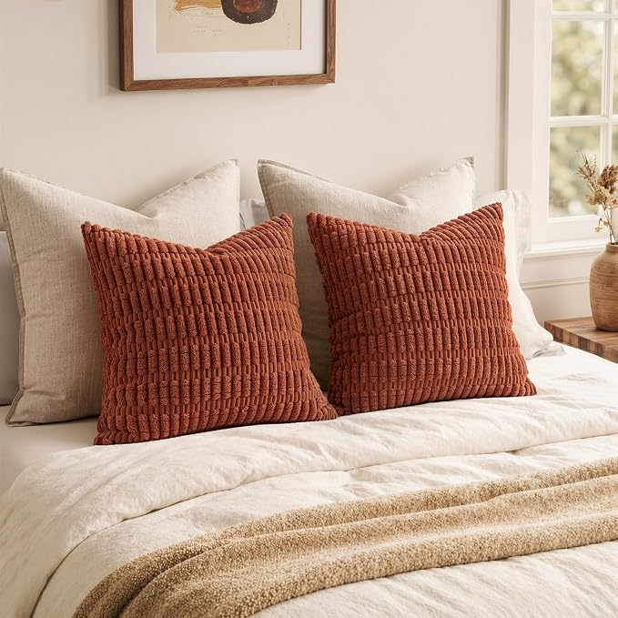 MIULEE Fall Euro Sham Corduroy Decorative Throw Pillow Covers 22x22 Rust | - Image 5