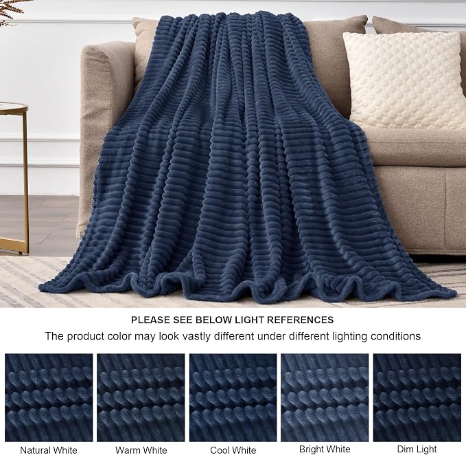 BEDELITE 3D Ribbed Navy Blue Fleece Throw Blanket - Image 7