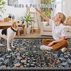 PLHXFR Area Rug 10x12 Living Room: Floral Washable Boho Carpet Dark Black | - Image 7