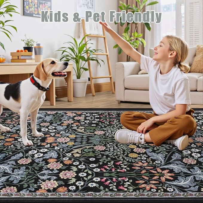 PLHXFR Area Rug 10x14 Living Room: Floral Washable Boho Carpet Dark Black | - Image 7