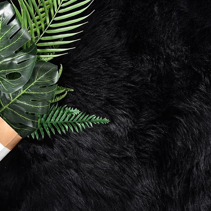 Latepis Black Faux Fur 4'x5'10" Area Rug, Soft Plush Faux Fur Sheepskin Rugs - Image 5