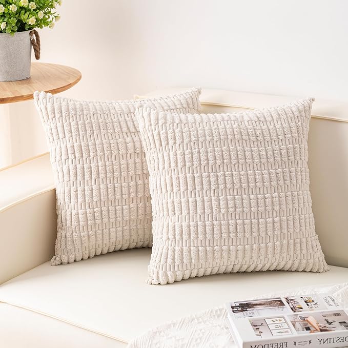 Pack of 2 Corduroy Decorative Throw Pillow Covers 20x20 Inch, Cream White | by Unknown