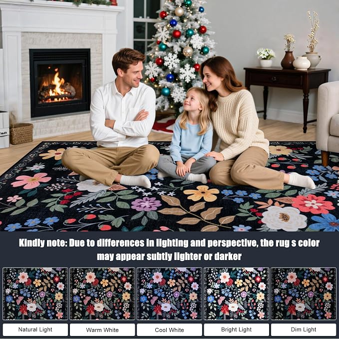 PLHXFR Round Area Rug Living Room: 4 ft Floral Washable Soft Carpet Black | - Image 9