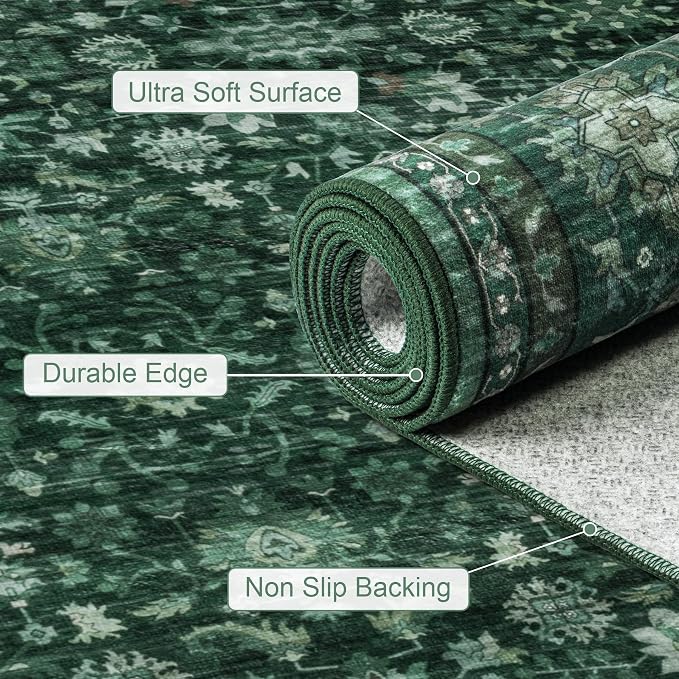 Round Area Rug for Living Room: 4ft Boho Washable Rug Deep Green | Vintage Boho - Image 6