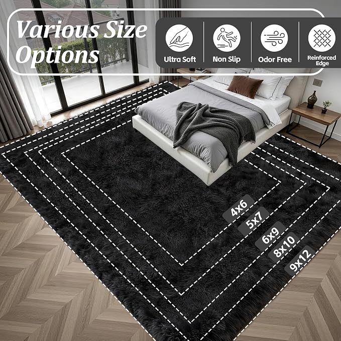 8x10 Area Rug Living Room Bedroom: Fluffy Plush Shag Carpet Black | - Image 9