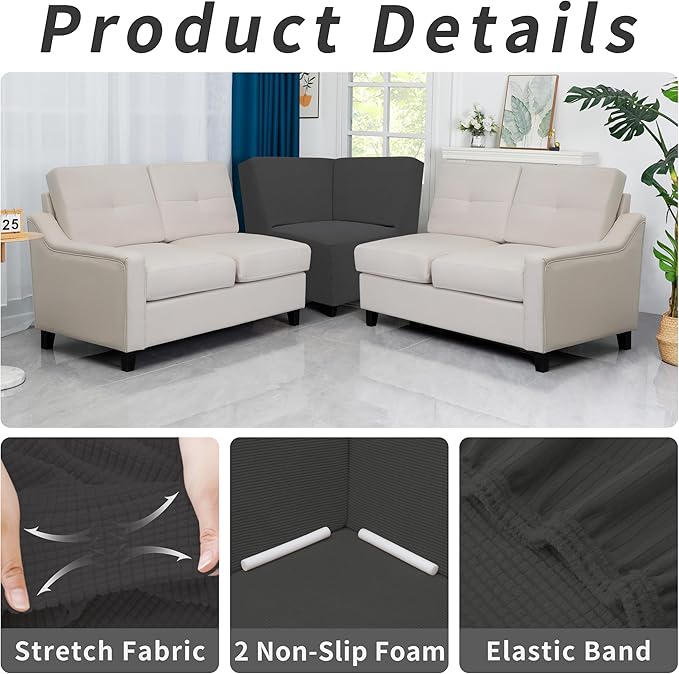 Easy-Going Stretch Soft Sectional Corner Sofa Couch Slipcover Dark Gray | - Image 5