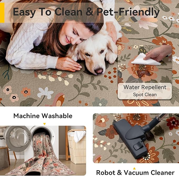 RELEANY Floral Washable 9x12 Area Rugs Brown/Brick | Flower Carpet Print Boho - Image 4