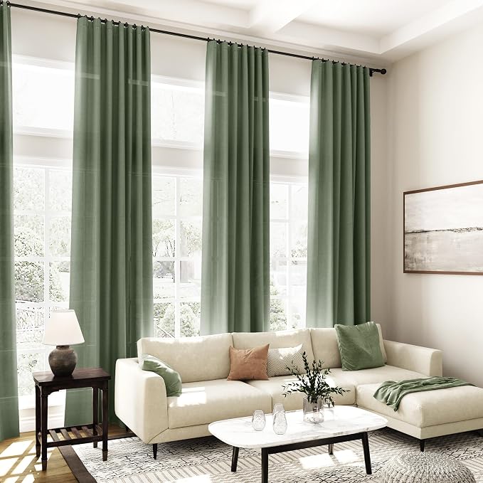 Olive Green Linen Blend Semi Sheer Curtains 108 Inches Long by 70 Inches Wide - Image 6
