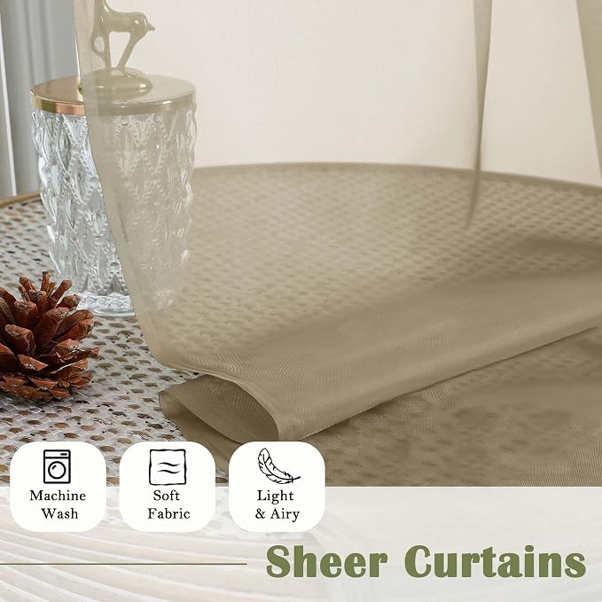 Taupe Sheer Curtains 108 Inches Long 2 Panels, Dual Rod Pocket Light Filtering - Image 8