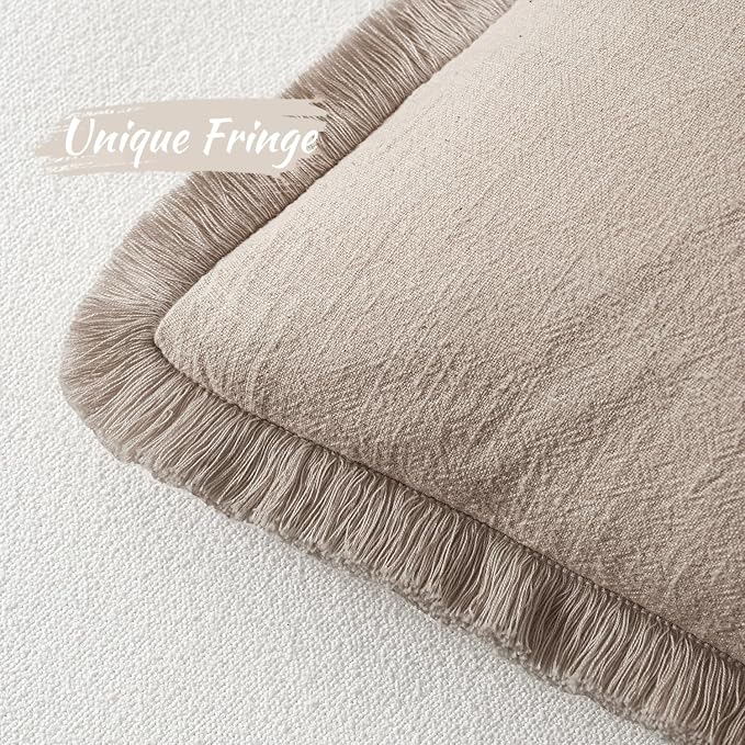 MIULEE Natural Linen Fringe Decorative Lumbar Throw Pillow Covers 12x20 | Set - Image 3