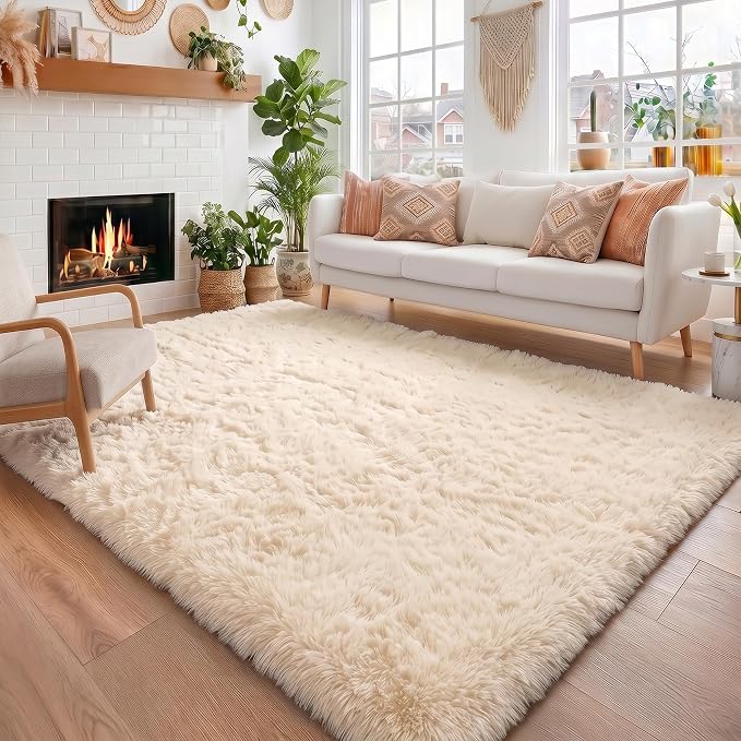 Amdrebio Beige Boho Fluffy Kids Area Rug 4x6 by Amdrebio