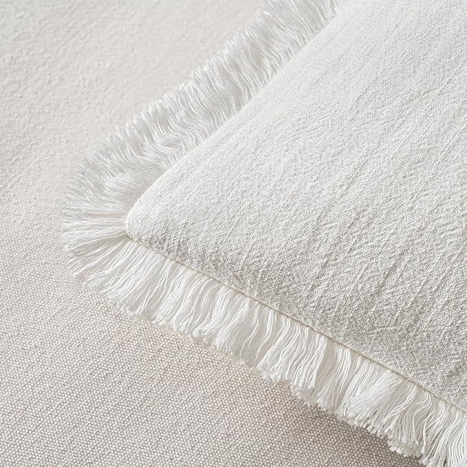 MIULEE Boho Linen Fringe Decorative Throw Pillow Covers White 20x20 | Set of 2 - Image 3