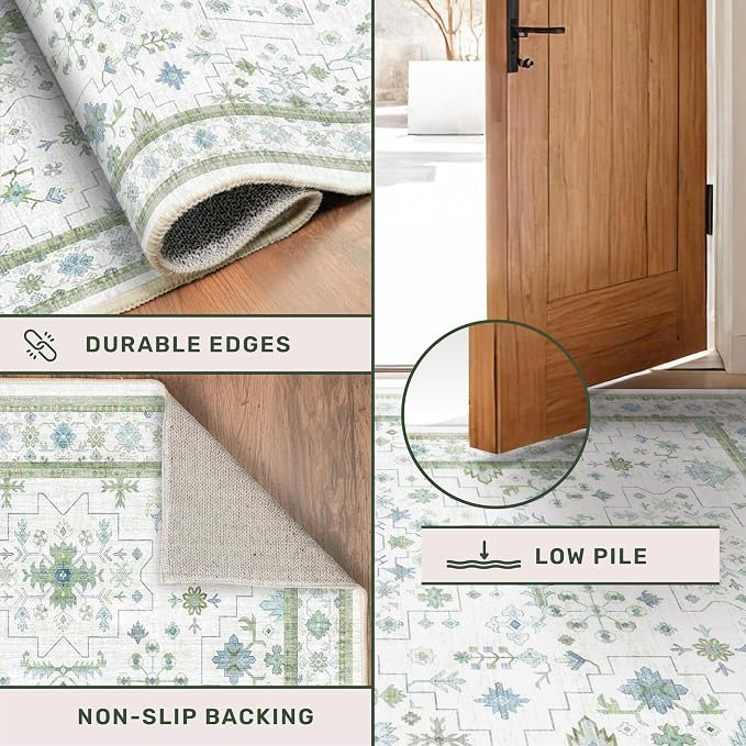 Washable Oushak 2x6 Bathroom Runner Rug, Eclectic Boho Floral Pastel, Non Slip - Image 5