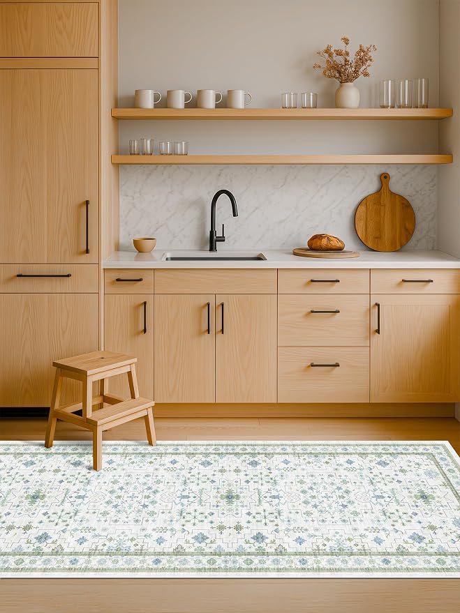 Washable Oushak 2x6 Bathroom Runner Rug, Eclectic Boho Floral Pastel, Non Slip - Image 6