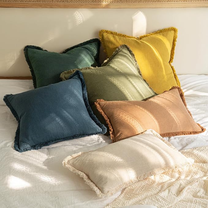 MIULEE Linen Fringe Decorative Euro Throw Pillow Covers Navy Blue 22x22 | Set - Image 7