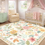 RELEANY Floral Washable Square 4ft Area Rug Beige/White/Orange | Flower Carpet - Image 8