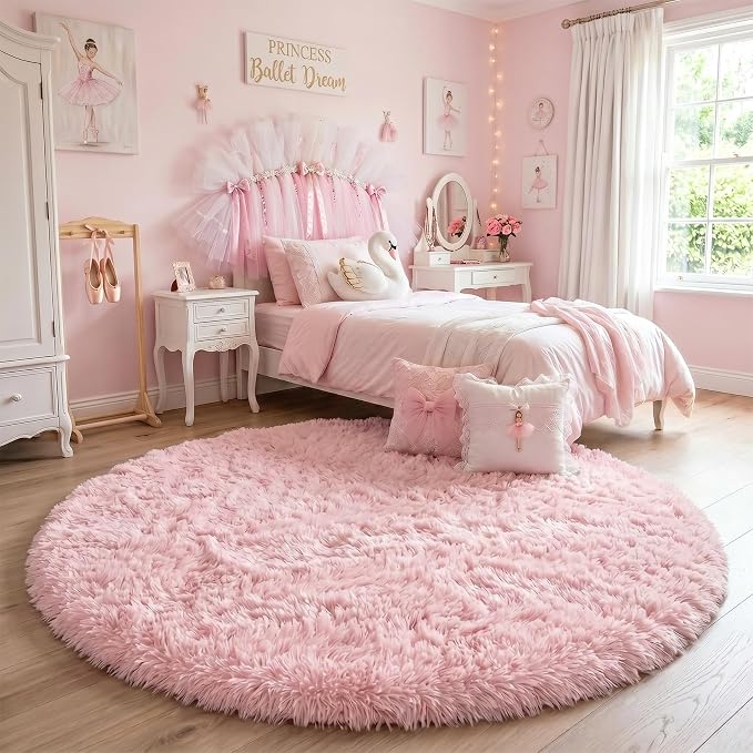 Amdrebio Pink Circle Round Fluffy Area Rug 4Ft - Image 2