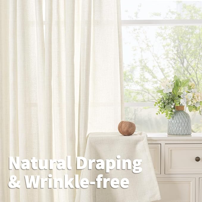 YoungsTex Ivory Linen Semi Sheer Curtains 48 Inch Length 2 Panels Set | Light - Image 5