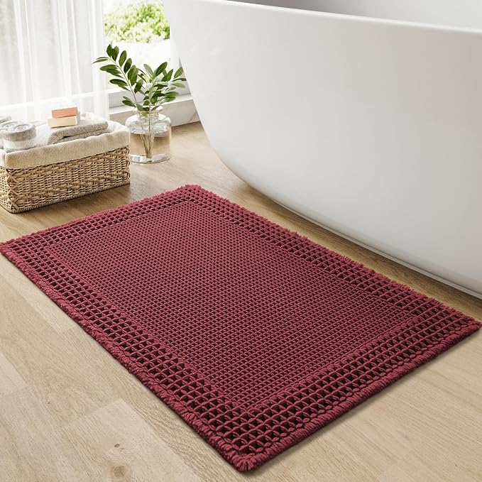 RESARE Waffle Bath Mat for Bathroom Non Slip Bathroom Rugs 18"x30" Dark Red | by Resare