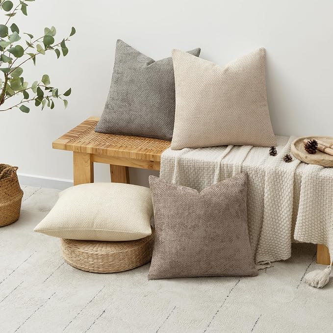 MIULEE Decorative Chenille Pillow Covers Neutral Beige 18x18 Pack of 4 | Modern - Image 4