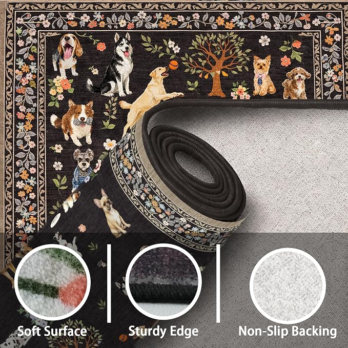 Black Floral Area Rug 4x6 for Bedroom Dining Room | Low Pile; Non Slip;Machine - Image 7