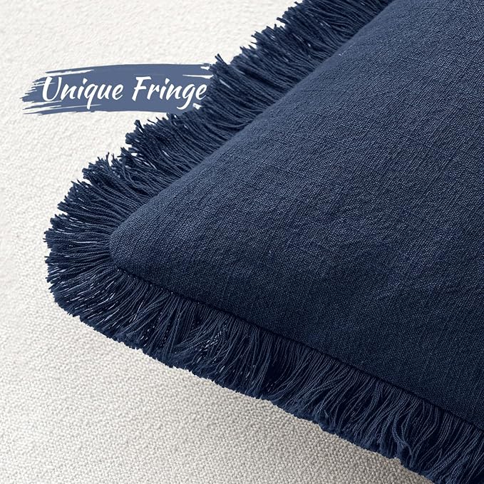 MIULEE Linen Fringe Decorative Euro Throw Pillow Covers Dark Navy 26x26 | Set - Image 3