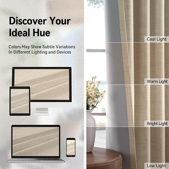 100% Blackout Linen Textured Curtains 96 Inch Long, Natural Flax | 100% - Image 8
