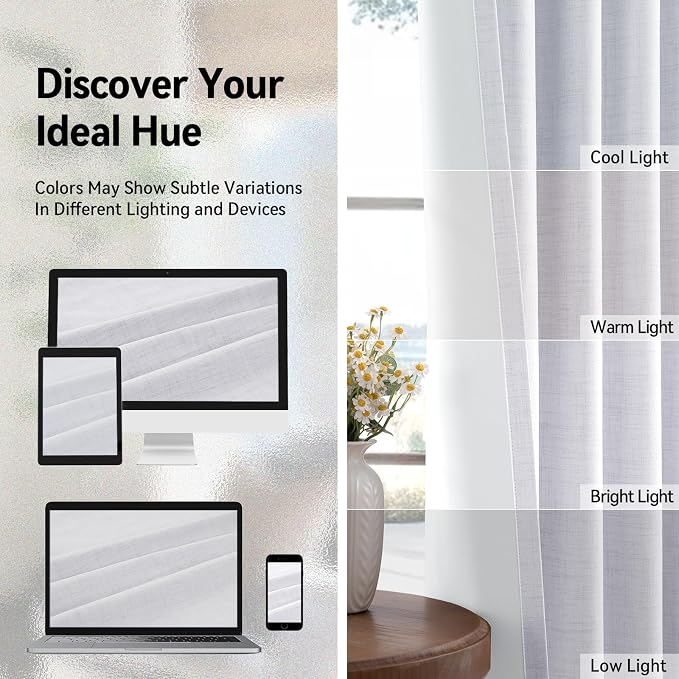 100% Blackout Linen Textured Curtains 80 Inch Long, Bright White | 100% - Image 6