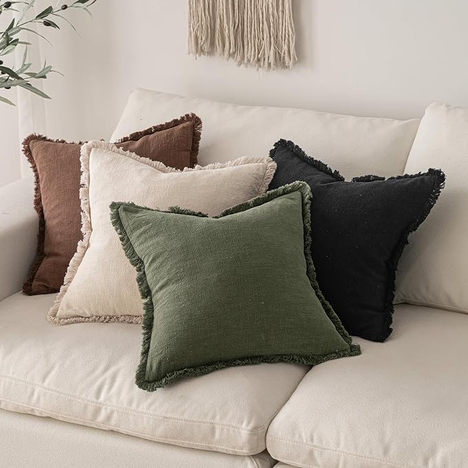 MIULEE Boho Linen Fringe Decorative Euro Throw Pillow Covers Black 22x22 | Set - Image 5