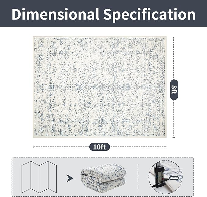 8x10 Boho Washable Area Rug for Living Room, Dining Room-White Blue | Ultra - Image 2