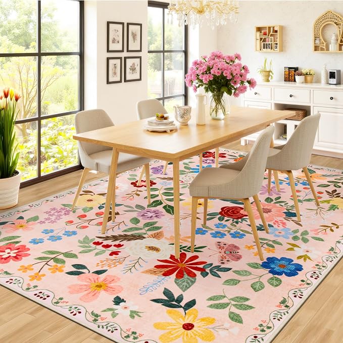 PLHXFR 6x9 Area Rug Living Room: Floral Washable Boho Soft Carpet Beige | - Image 4