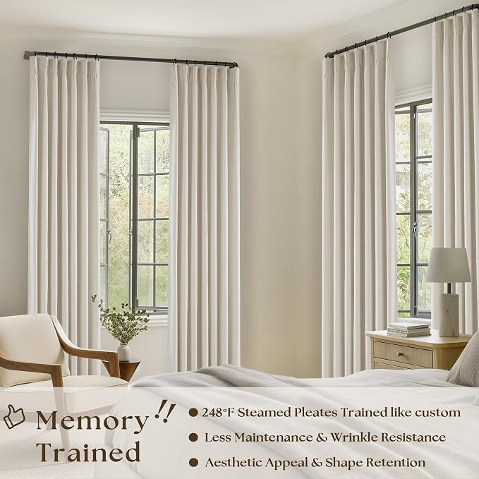 Cream Beige 100% Black Out Pinch Pleat Curtains 80 Inch Length 2 Panels | 2 - Image 2