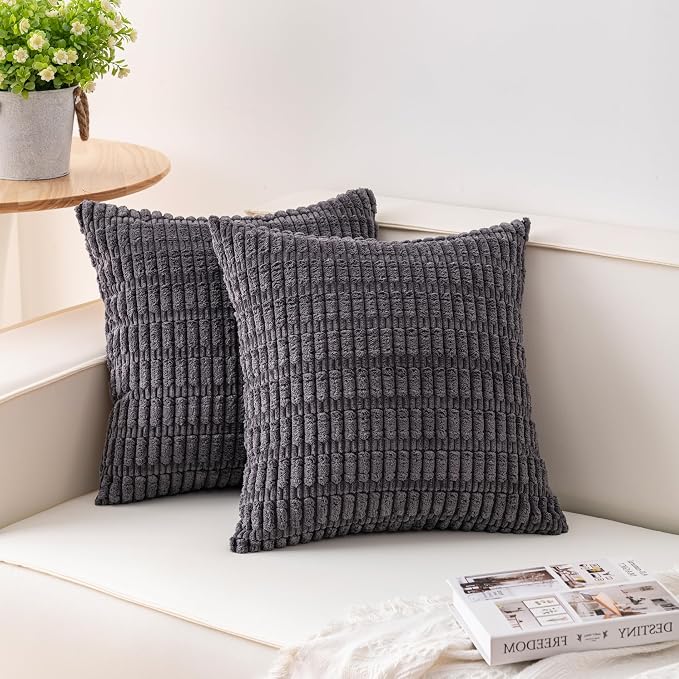 Pack of 2 Corduroy Decorative Throw Pillow Covers 18x18 Inch, Dark Grey | Fall by Unknown