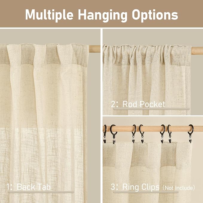 Semi Sheer Beige Linen Curtains 36 Inch Length - Image 2
