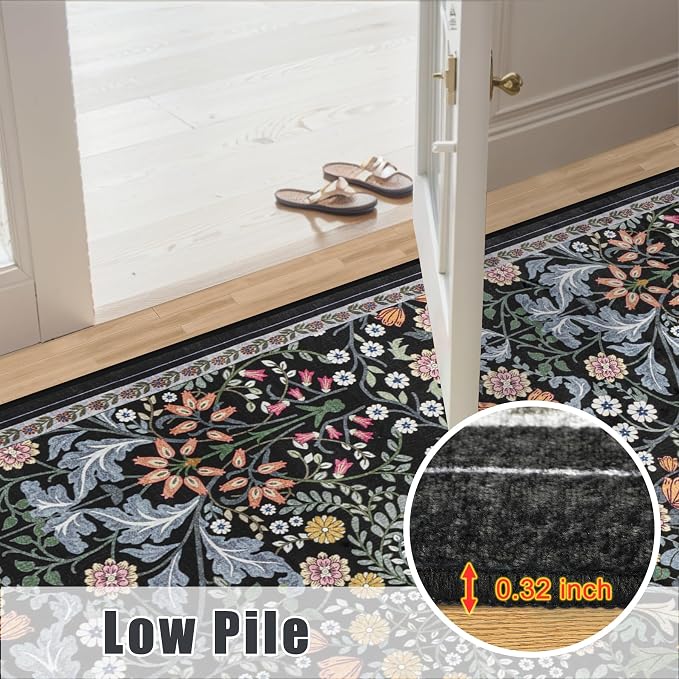 PLHXFR Area Rug 10x14 Living Room: Floral Washable Boho Carpet Dark Black | - Image 8