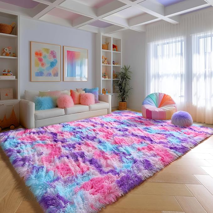 Vibrant Rainbow Purple Rugs for Girls Bedroom 5x8 Ft, Fluffy Pastel Girl Rug | by PAGISOFE
