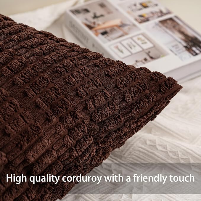 Pack of 2 Corduroy Decorative Throw Pillow Covers 22x22 Inch, Dark Brown | Fall - Image 2