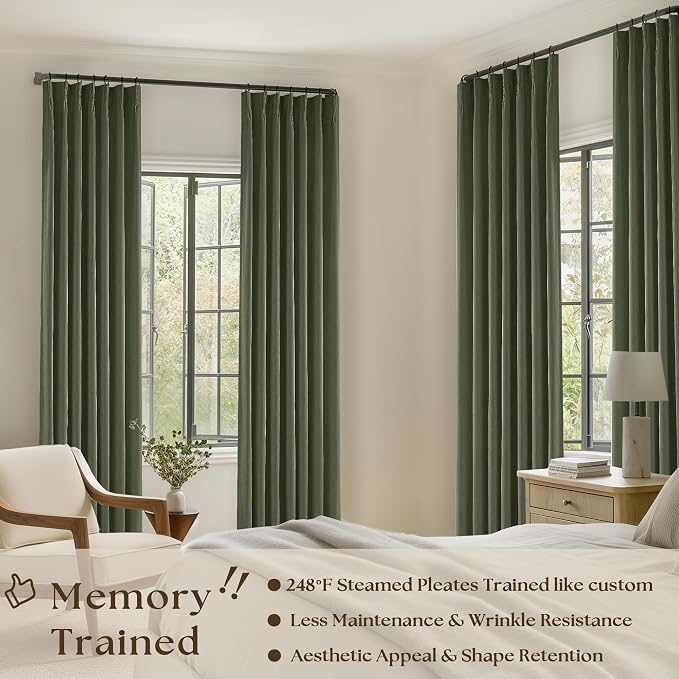 Olive Green Pleated Linen Blackout 102 Inch Curtains - Image 2