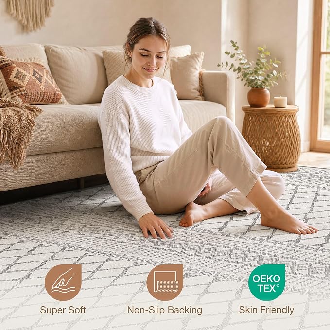 cotiled Boho 10x12 Area Rug for Living Room: Large Moroccan Washable Rug | - Image 4