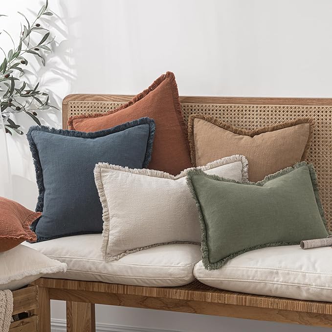 MIULEE Linen Fringe Decorative Throw Pillow Covers Natural Beige 16x16 | Set of - Image 7