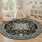 Round Area Rug for Living Room: 4ft Boho Washable Rug Black Gold | Vintage Boho - Image 5