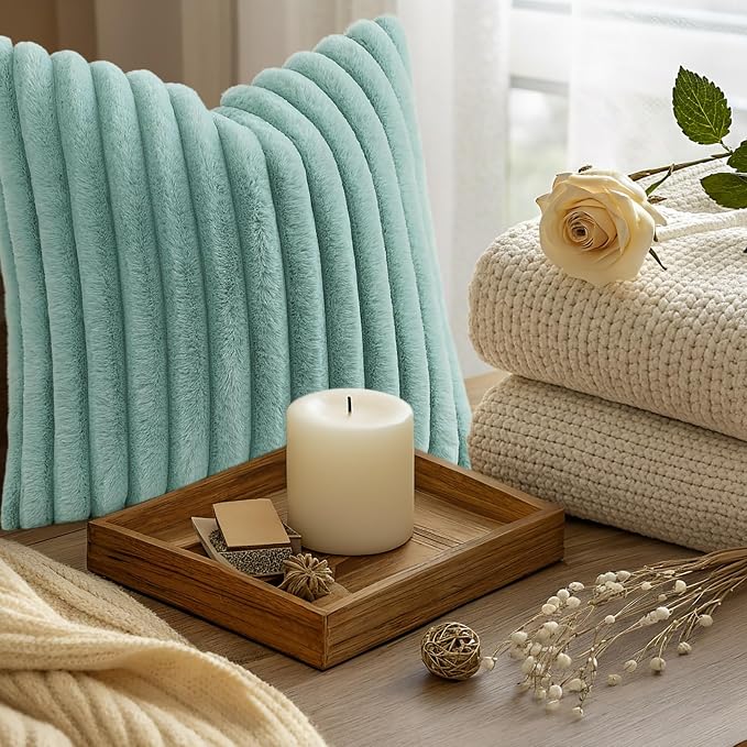 decorUhome Fall Faux Fur Throw Pillow Covers 18x18 Set of 2 Aqua | Decorative - Image 9