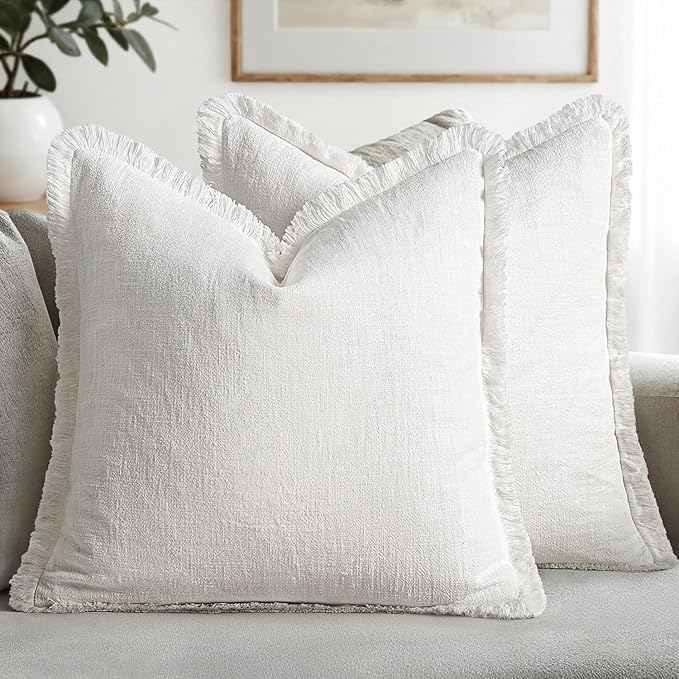 MIULEE Boho Linen Fringe Decorative Euro Throw Pillow Covers White 28x28 | Set by MIULEE
