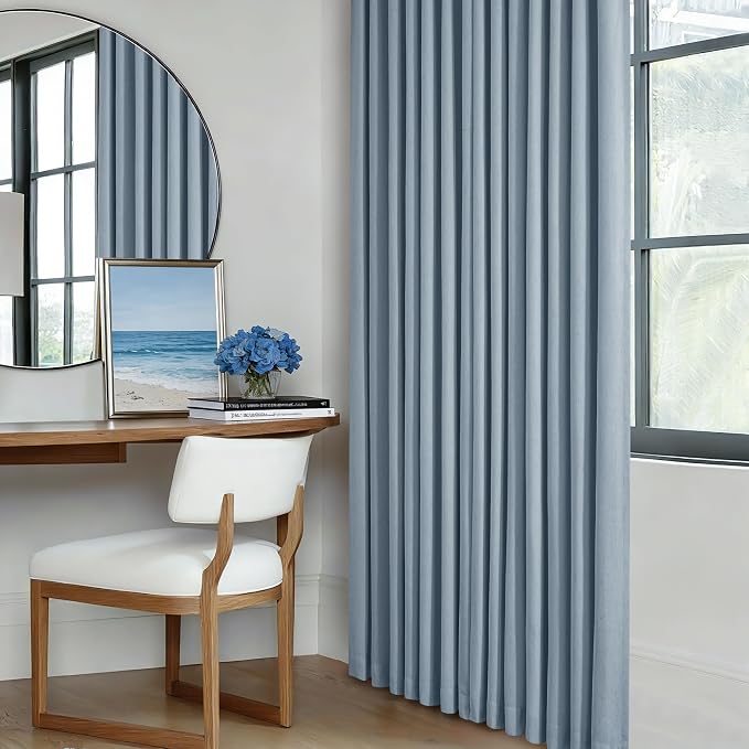 Dusty Blue Pinch Pleated 100% Blackout Linen Curtains 84 Inch Long 2 Panels | - Image 8