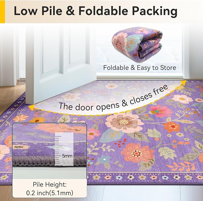 RELEANY Floral Washable Square 4ft Area Rug Purple/Pink | Flower Carpet Print - Image 5