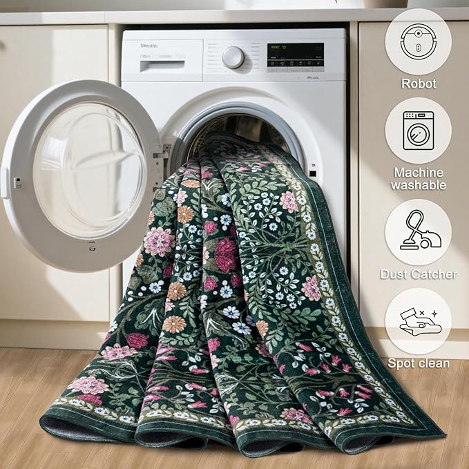 PLHXFR 2x5 Washable Runner Rug：Floral Indoor Kitchen Carpet Dark Green | - Image 9