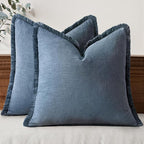 MIULEE Boho Linen Fringe Decorative Throw Pillow Covers Blue Ashes 18x18 | Set by MIULEE