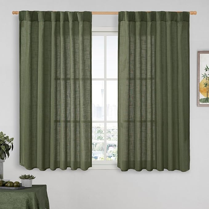 Olive Green Light Filtering Linen Curtains 54 inches Long by LAMIT
